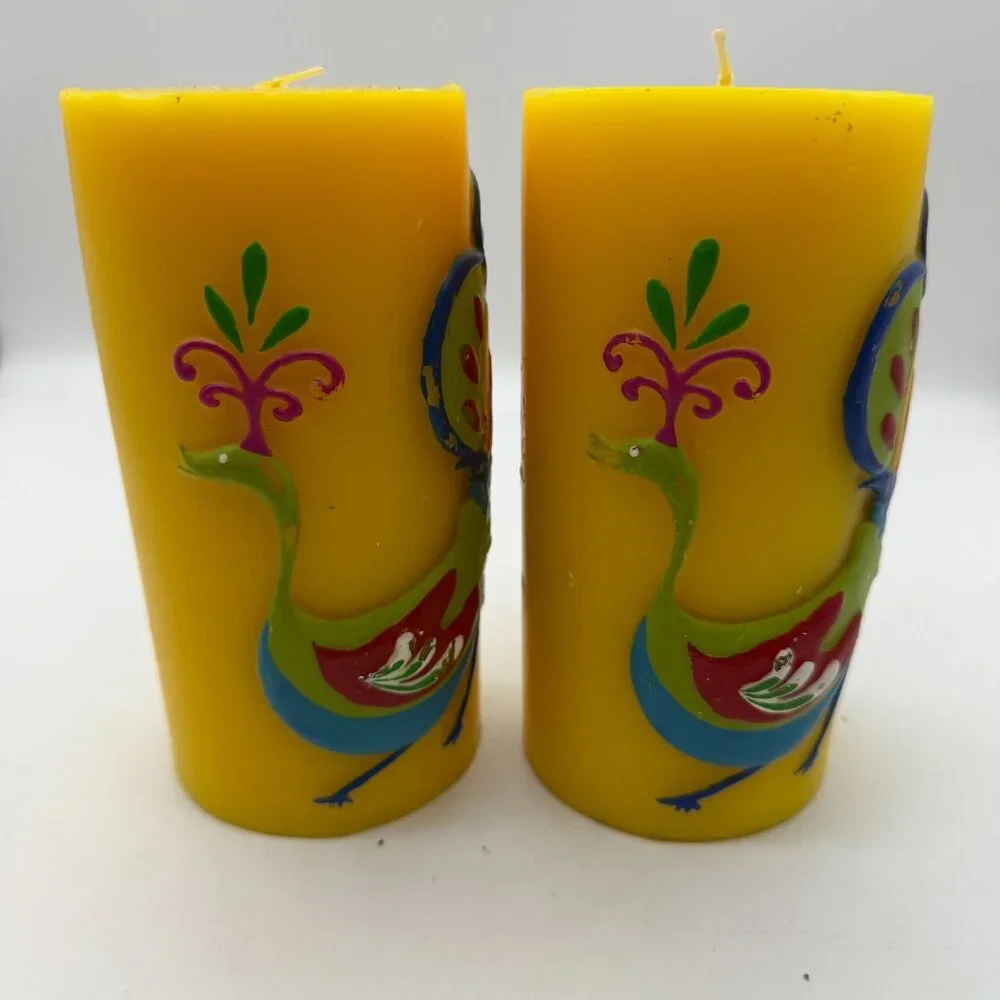 Pier 1 yellow peacock pillar candles set of two summer home decor lake house